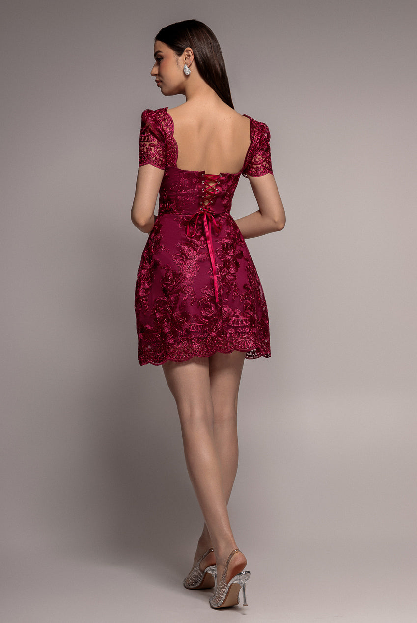 Scallop Edge Corset Back Structured Lace Mini Dress - Burgundy DR4966