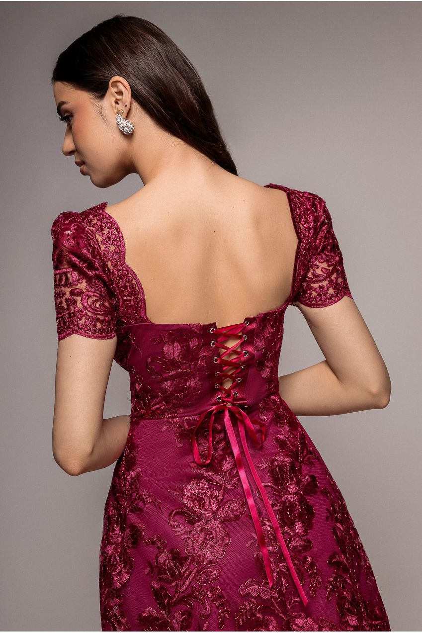 Scallop Edge Corset Back Structured Lace Mini Dress - Burgundy | Goddiva Scallop Edge Corset Back Structured Lace Mini Dress - Burgundy | Goddiva