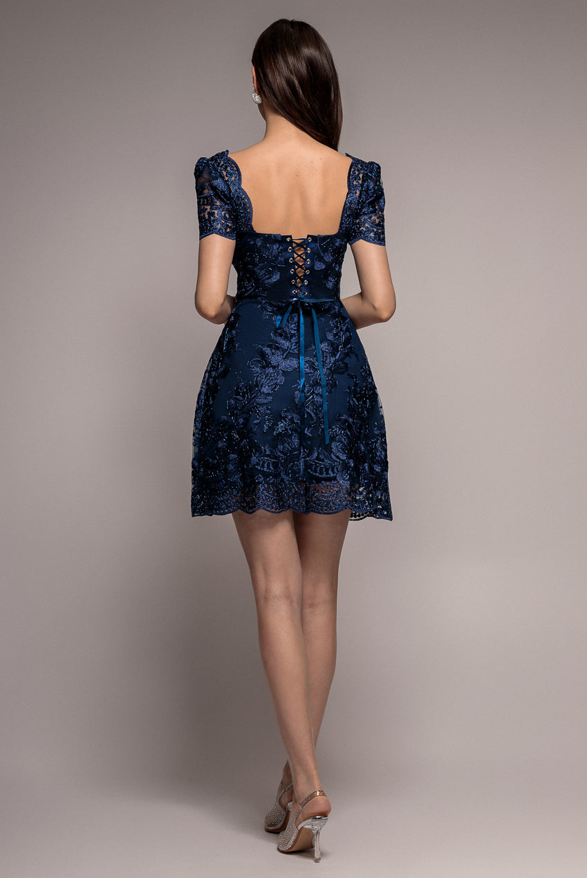 Scallop Edge Corset Back Structured Lace Mini Dress - Navy Blue DR4966