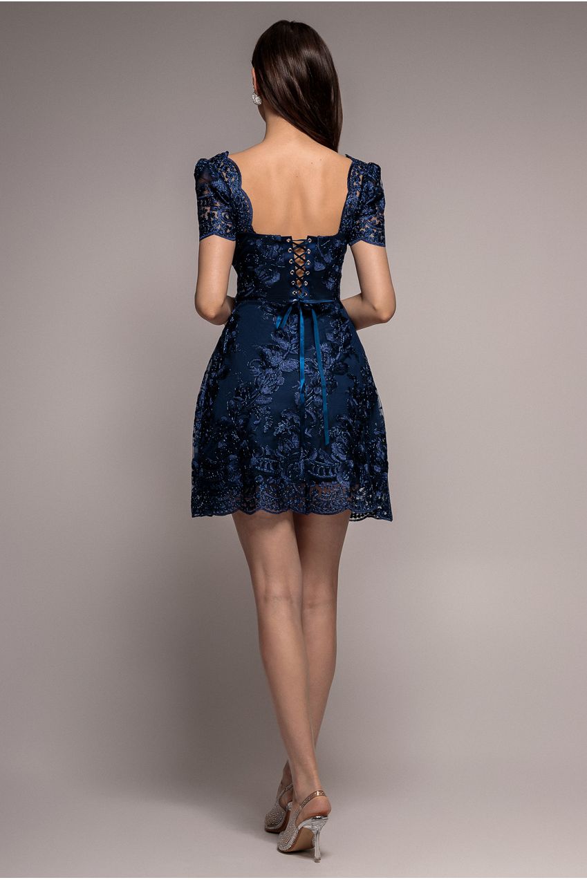Scallop Edge Corset Back Structured Lace Mini Dress - Navy Blue | Goddiva Scallop Edge Corset Back Structured Lace Mini Dress - Navy Blue | Goddiva