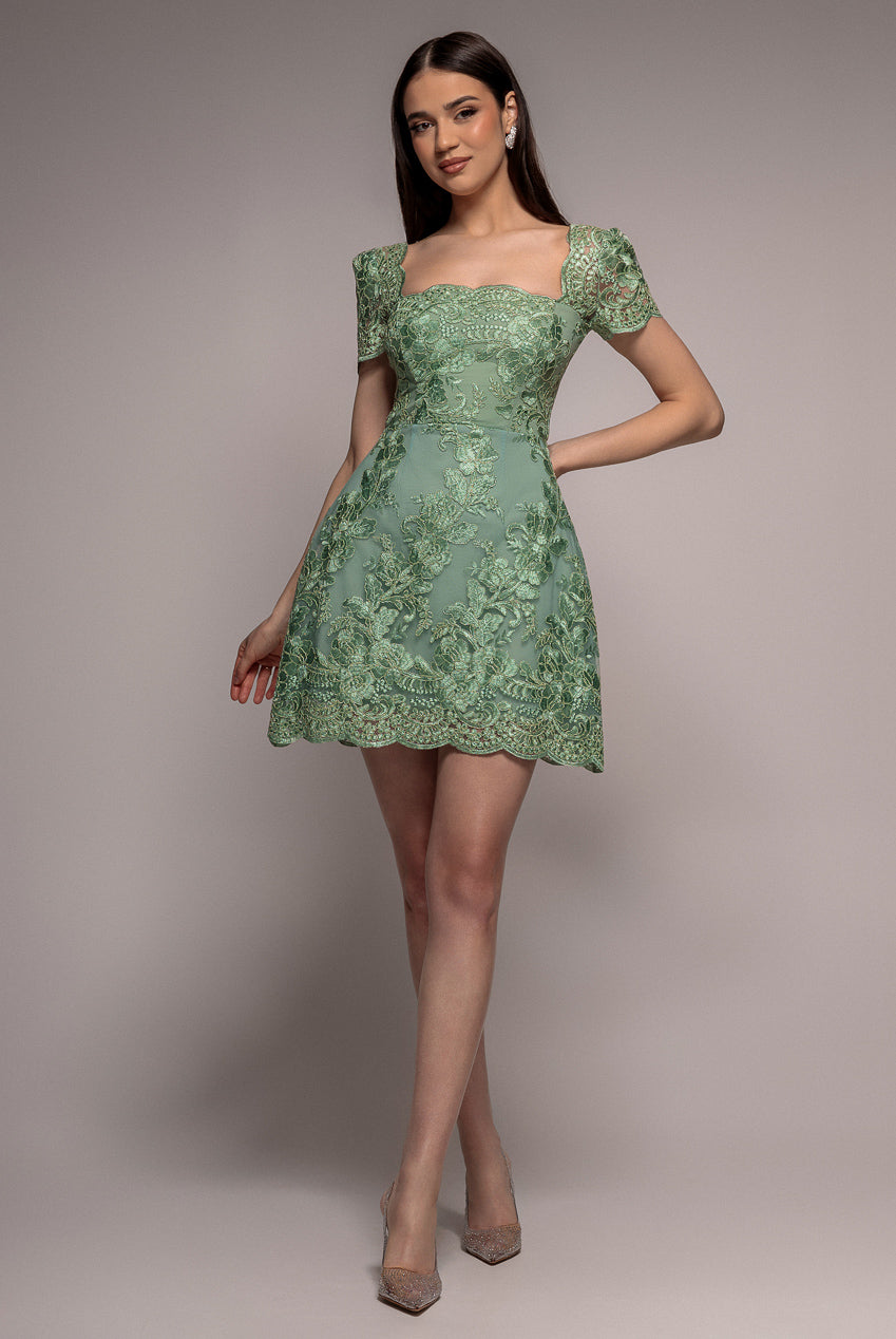Scallop Edge Corset Back Structured Lace Mini Dress - Sage Green DR4966