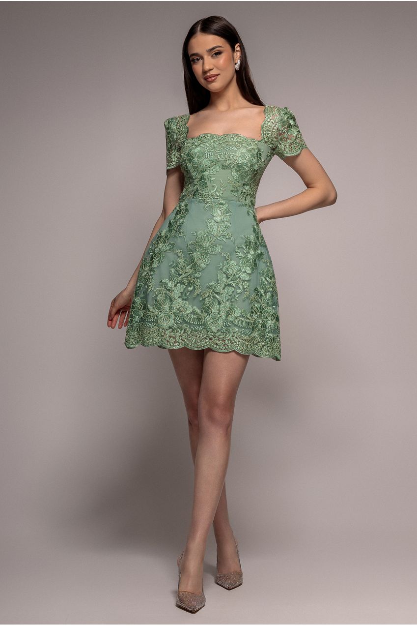 Scallop Edge Corset Back Structured Lace Mini Dress - Sage Green | Goddiva Scallop Edge Corset Back Structured Lace Mini Dress - Sage Green | Goddiva