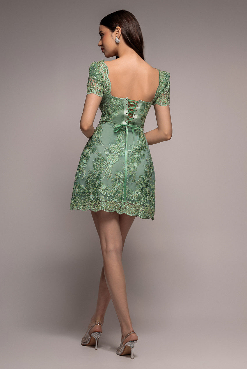 Scallop Edge Corset Back Structured Lace Mini Dress - Sage Green DR4966