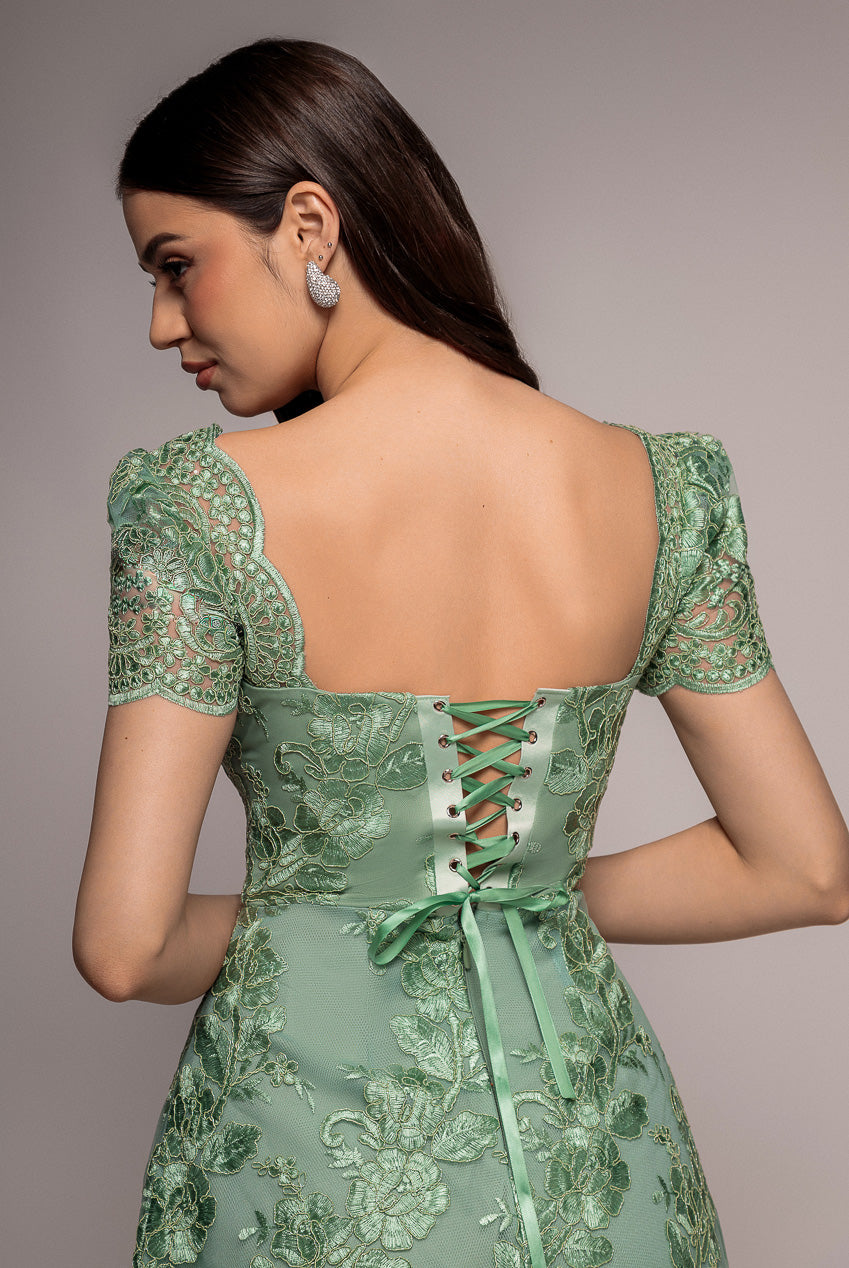 Scallop Edge Corset Back Structured Lace Mini Dress - Sage Green DR4966