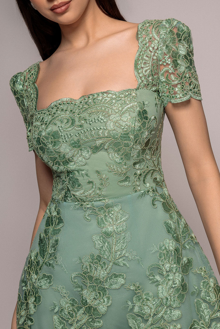 Scallop Edge Corset Back Structured Lace Mini Dress - Sage Green DR4966