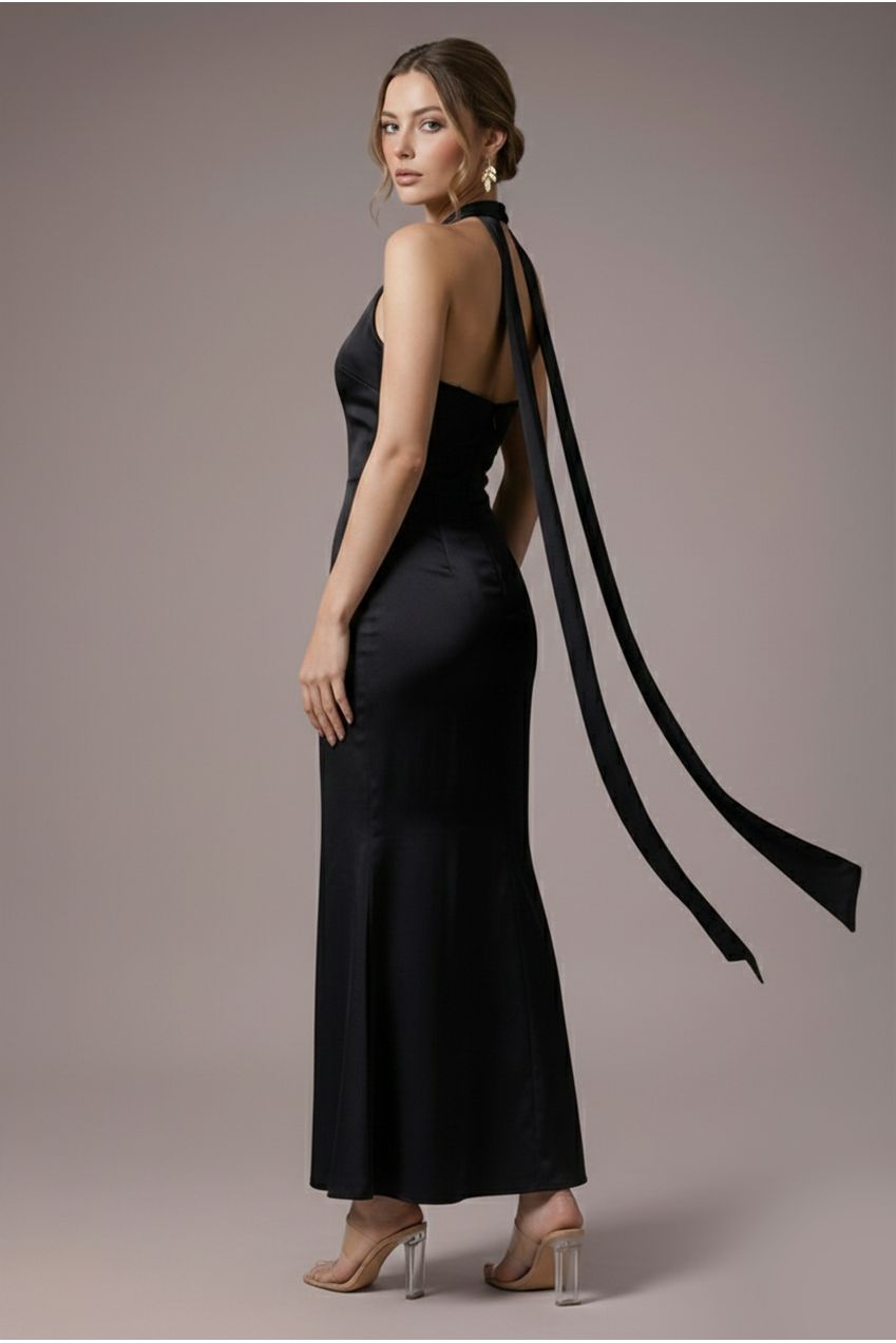 Petite Satin Multi-Tie Halterneck Maxi Dress - Black DR4973QZPETITE