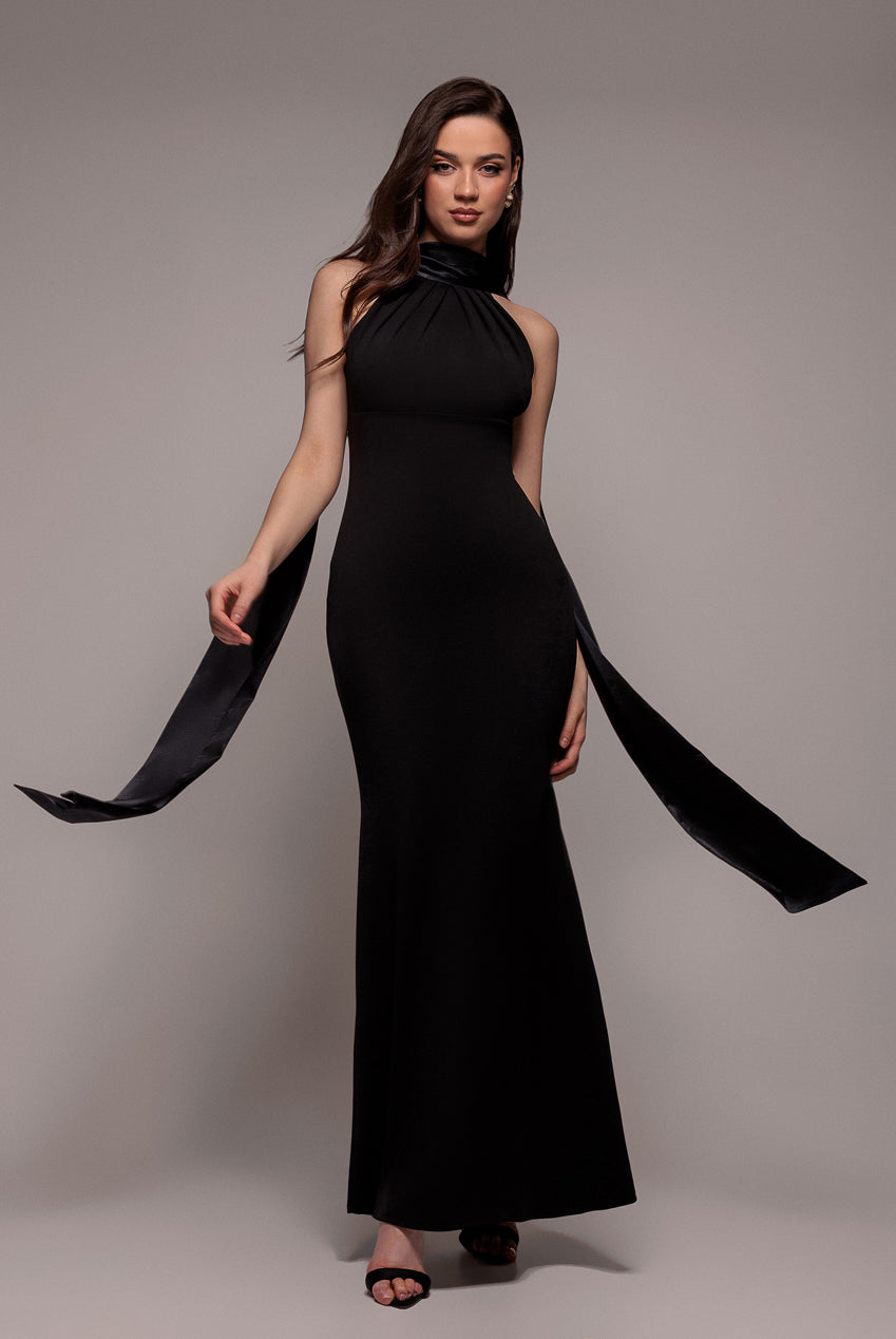 Satin Multi-Tie Halterneck Maxi Dress - Black DR4973QZ