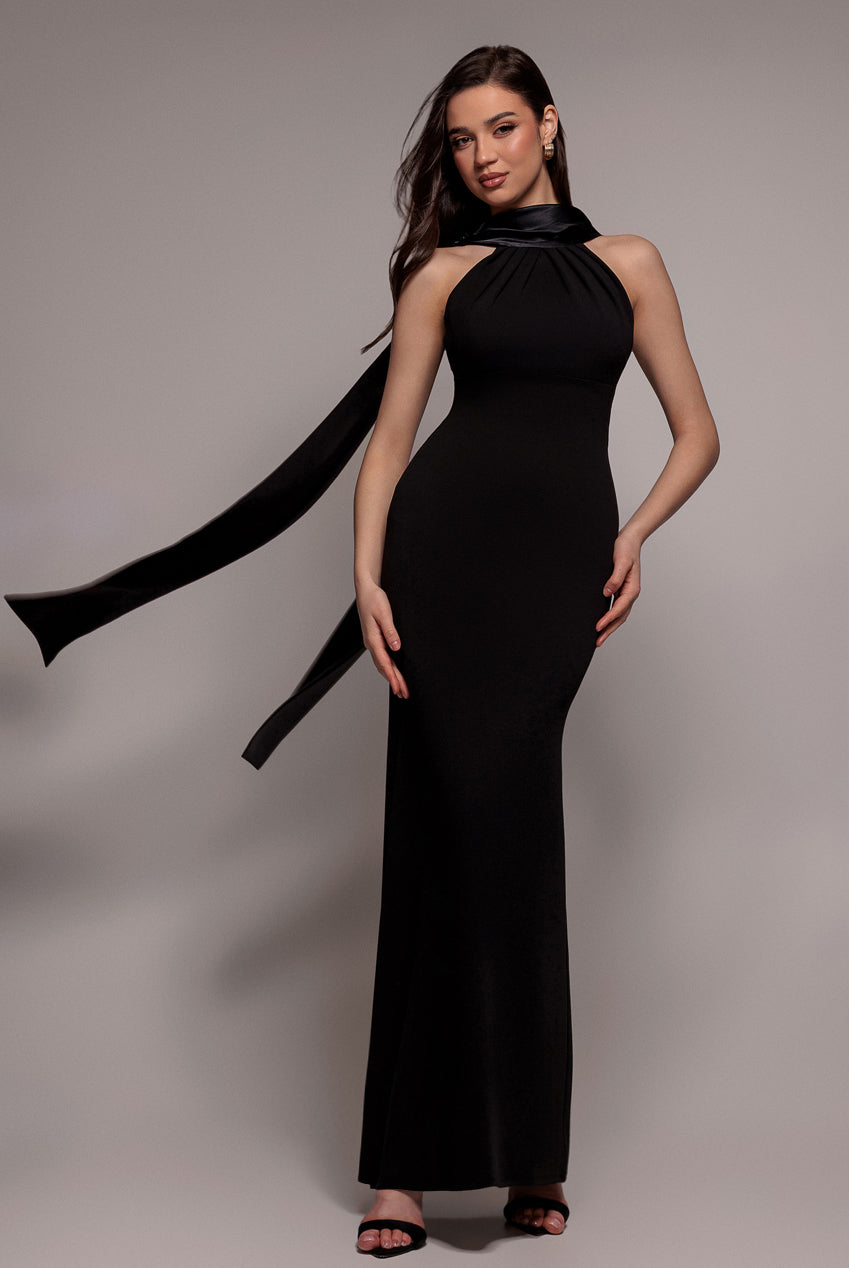 Satin Multi-Tie Halterneck Maxi Dress - Black DR4973QZ