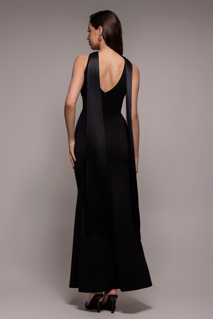 Satin Multi-Tie Halterneck Maxi Dress - Black DR4973QZ