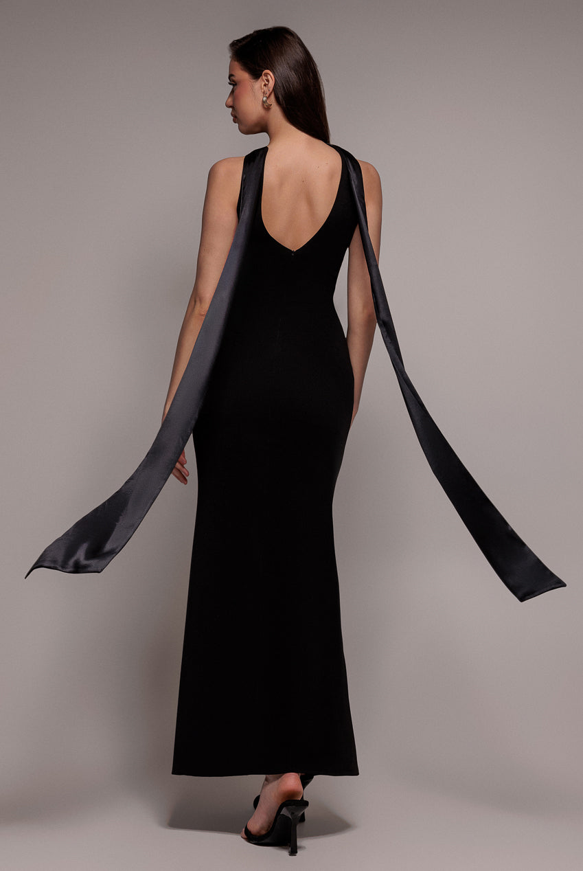 Satin Multi-Tie Halterneck Maxi Dress - Black DR4973QZ