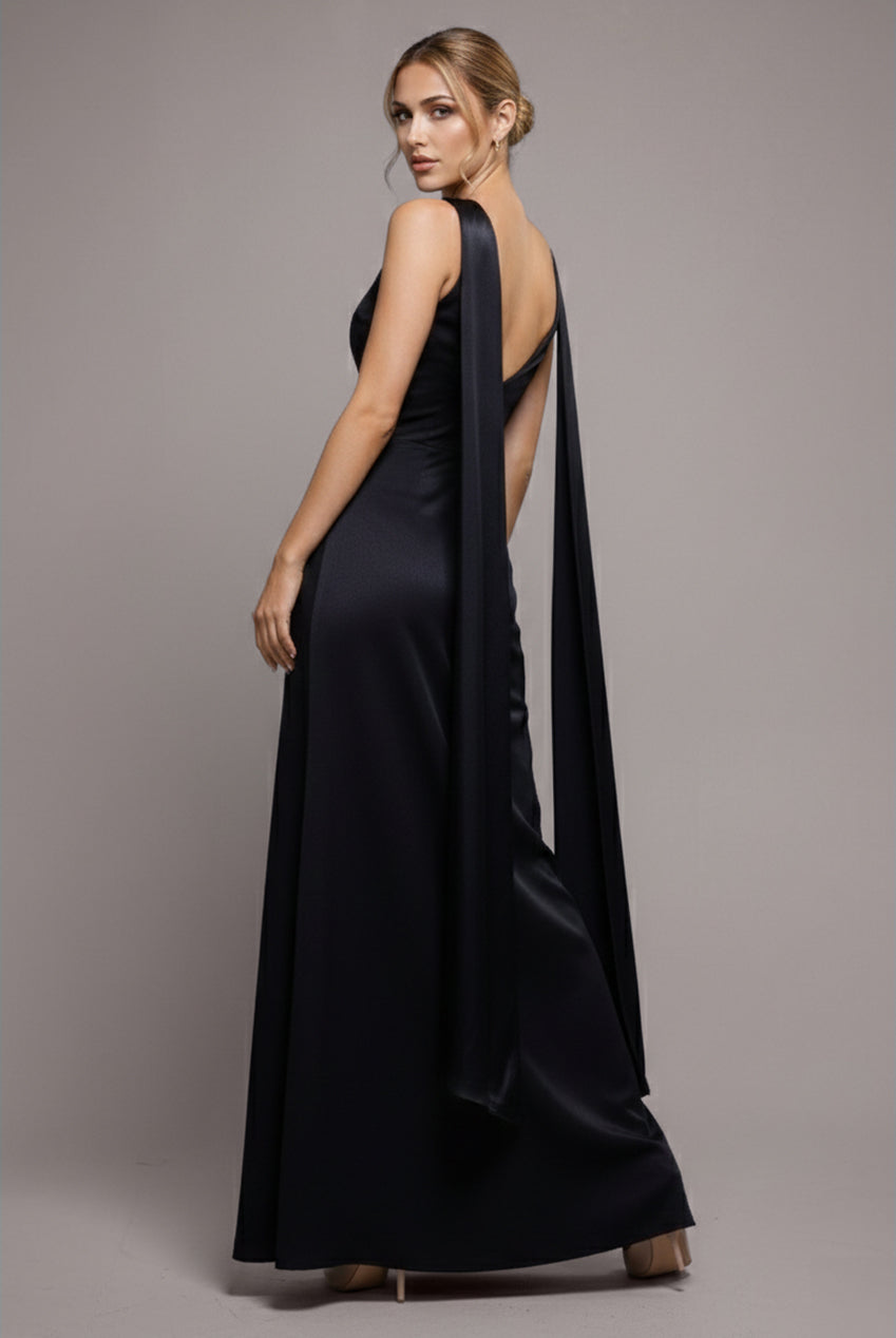 Satin Multi-Tie Halterneck Maxi Dress - Black DR4973QZ