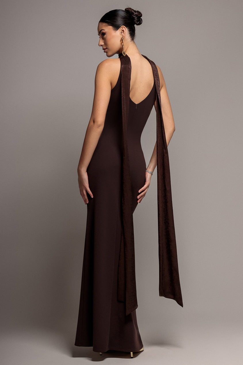 Scuba & Velvet Satin Cape Sleeve Halterneck Maxi Dress - Brown DR4973