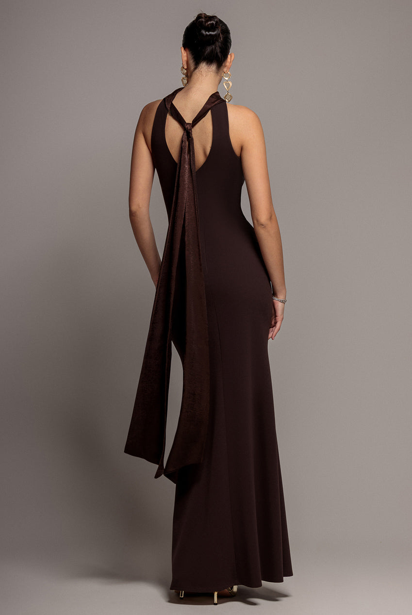 Scuba & Velvet Satin Cape Sleeve Halterneck Maxi Dress - Brown DR4973