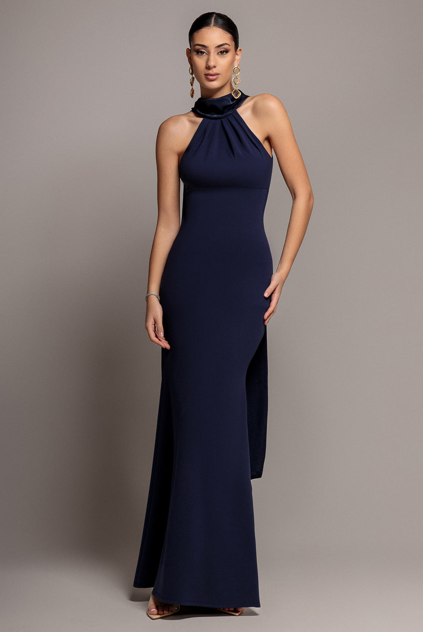 Scuba & Velvet Satin Cape Sleeve Halterneck Maxi Dress - Navy Blue DR4973