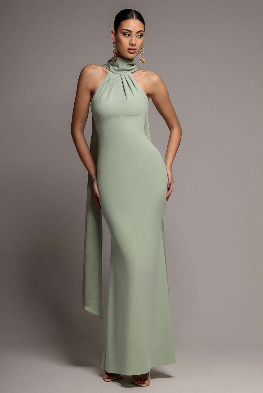 Scuba & Velvet Satin Halterneck Maxi Dress With Back Sash - Sage Green DR4973