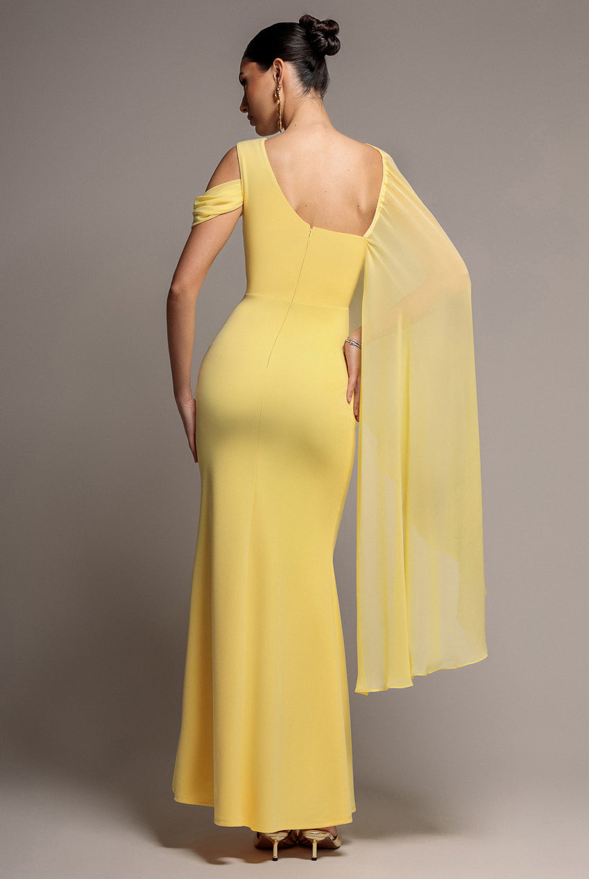 One Shoulder Chiffon Cape Crepe Maxi Dress - Butter Yellow DR4982