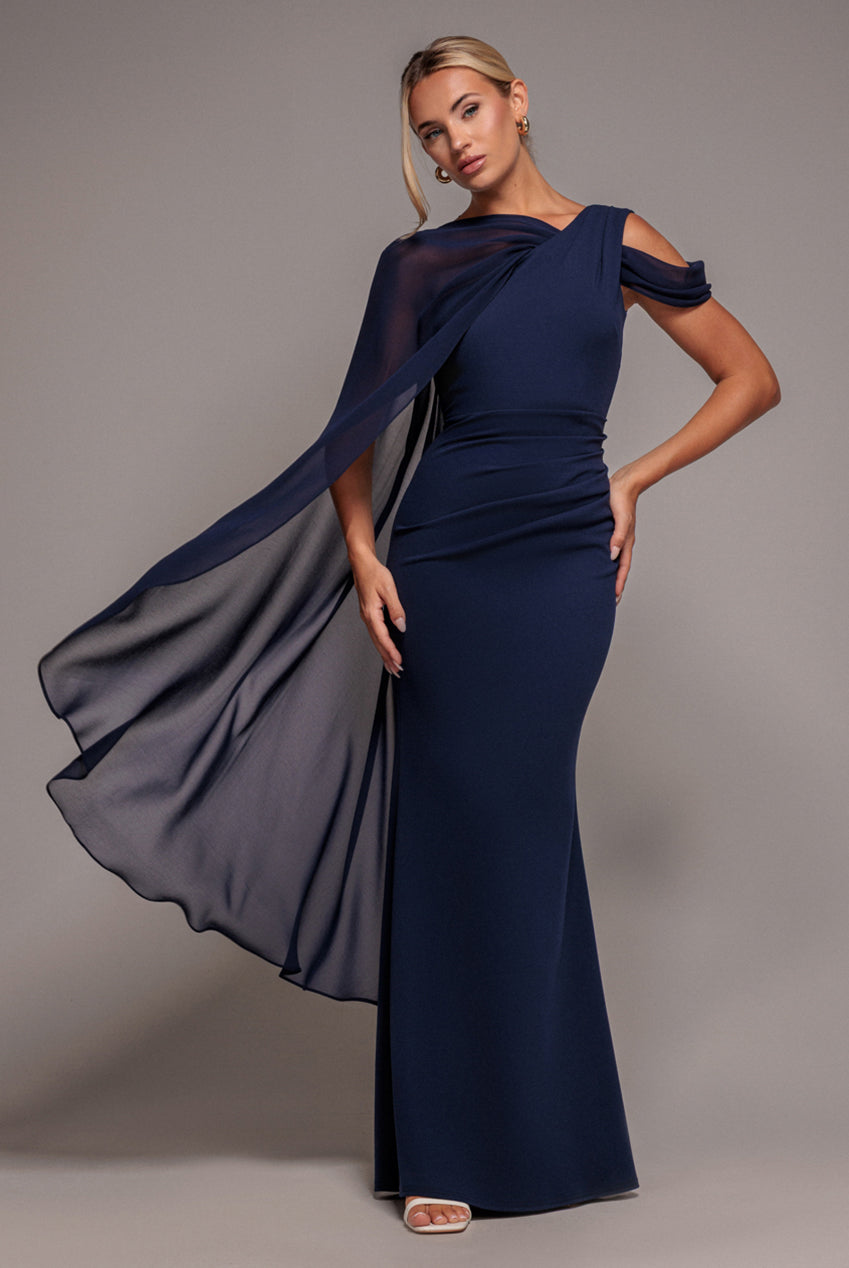 One Shoulder Chiffon Cape Crepe Maxi Dress - Navy Blue DR4982