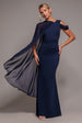 One Shoulder Chiffon Cape Crepe Maxi Dress - Navy Blue by Goddiva