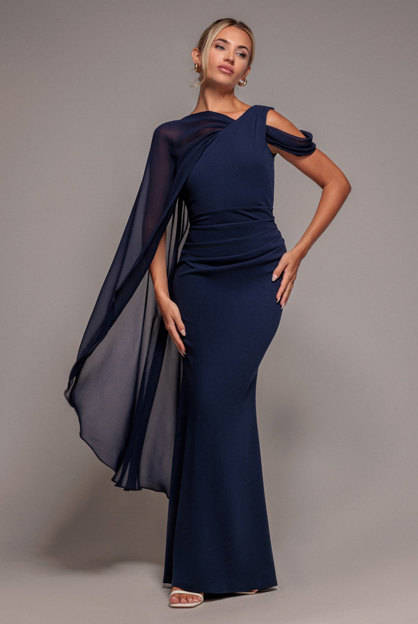 One Shoulder Chiffon Cape Crepe Maxi Dress - Navy Blue DR4982