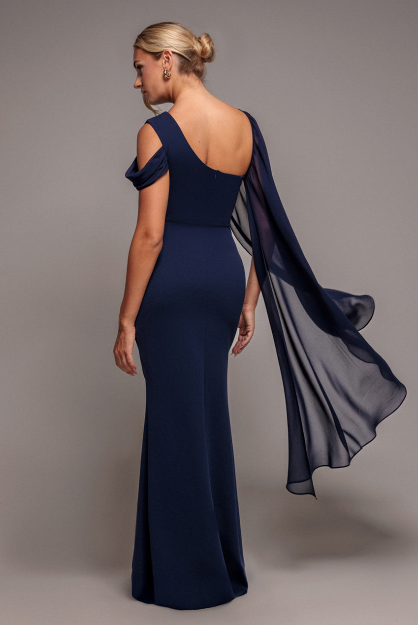 One Shoulder Chiffon Cape Crepe Maxi Dress - Navy Blue DR4982