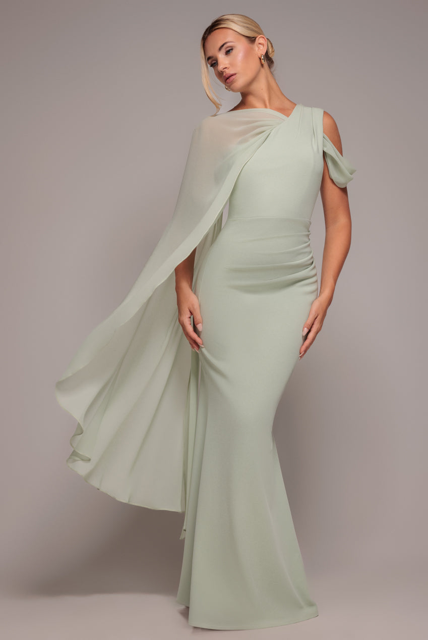 One Shoulder Chiffon Cape Crepe Maxi Dress - Sage Green DR4982