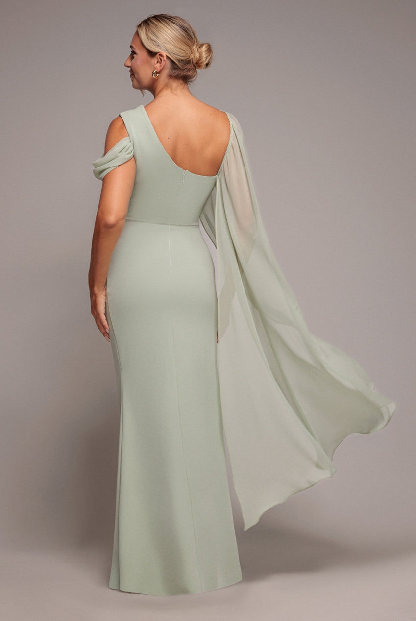 One Shoulder Chiffon Cape Crepe Maxi Dress - Sage Green DR4982