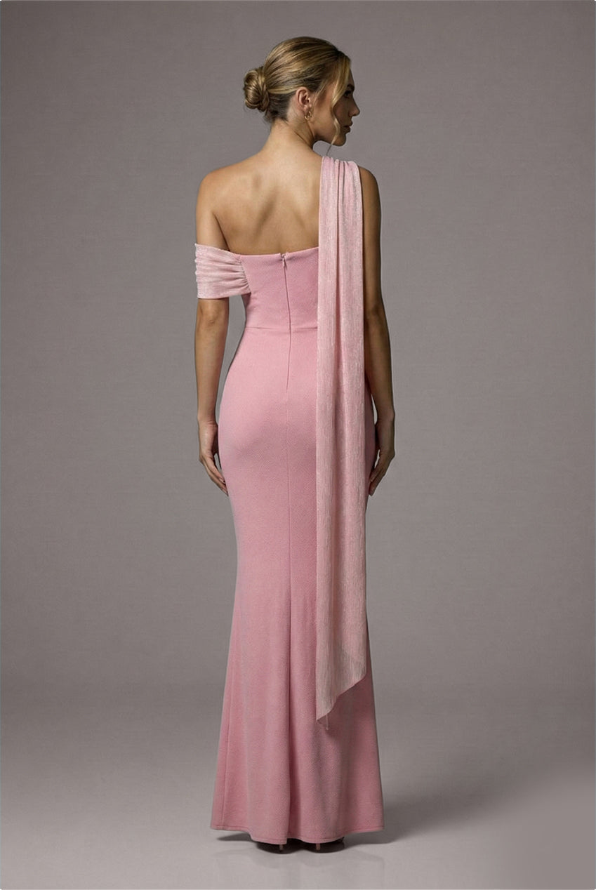 Lurex Pleated Bardot One Shoulder Cape Maxi Dress - Blush Pink DR4984QZ