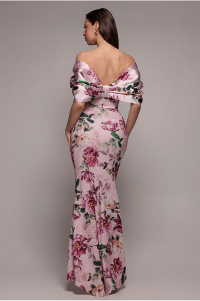 Off Shoulder Floral Bow Back Maxi Dress - Blush Pink by Goddiva