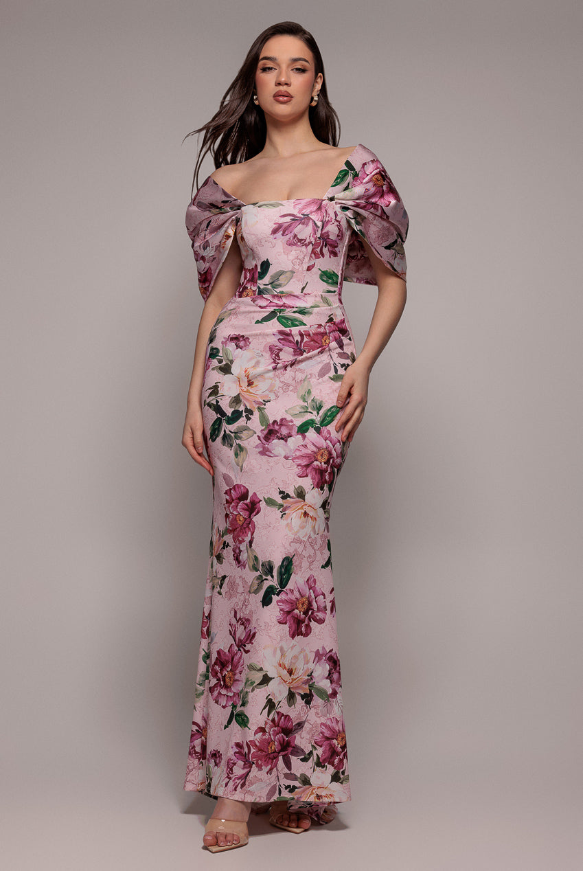 Off Shoulder Floral Bow Back Maxi Dress - Blush Pink DR4991