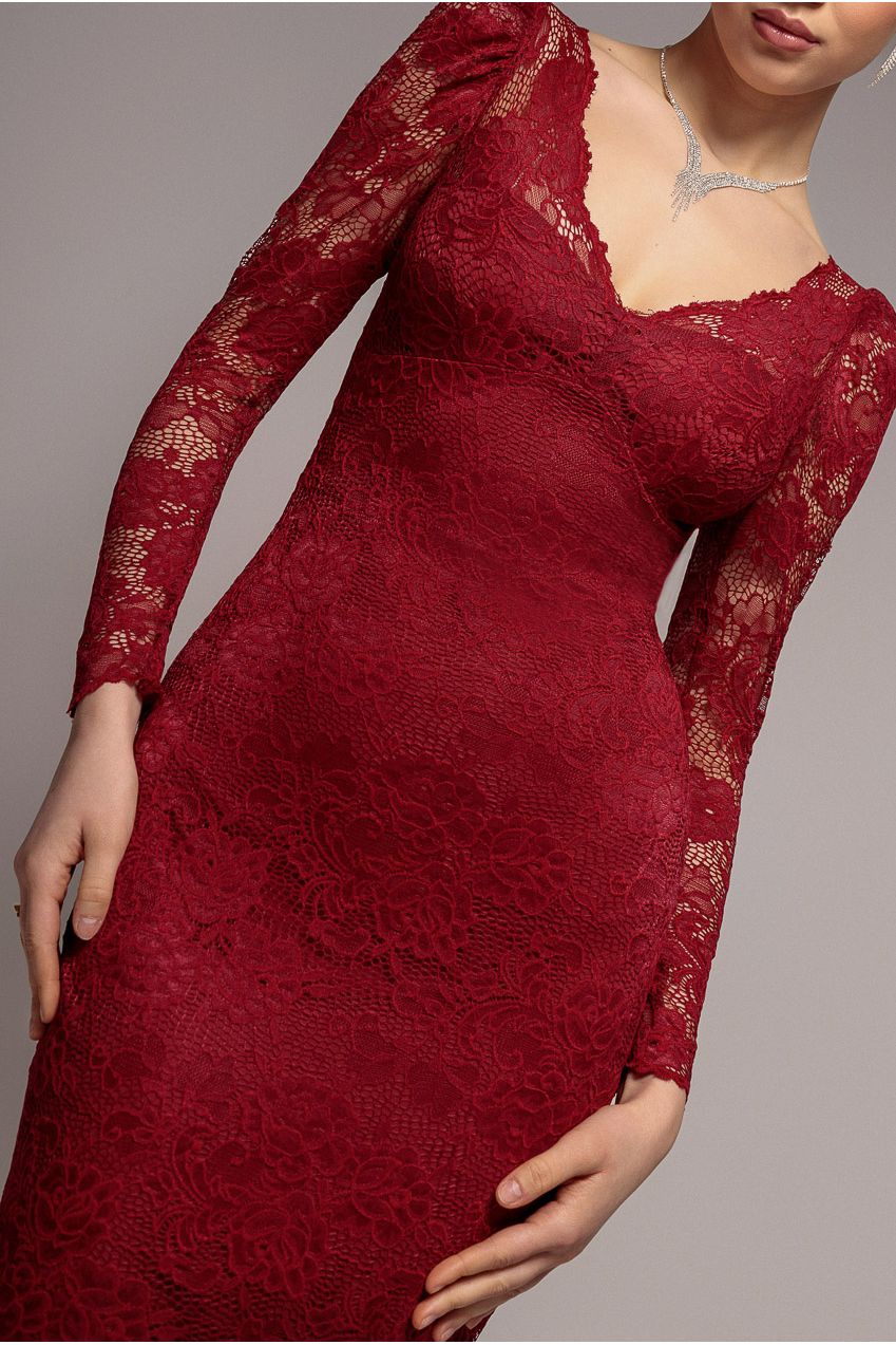 Fit & Flare Scallop Lace V Neck Maxi Dress - Burgundy | Goddiva