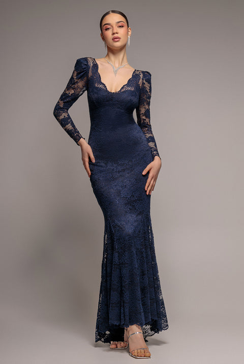 Fit & Flare Scallop Lace V Neck Maxi Dress - Navy Blue by Goddiva