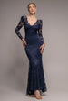 Fit & Flare Scallop Lace V Neck Maxi Dress - Navy Blue by Goddiva