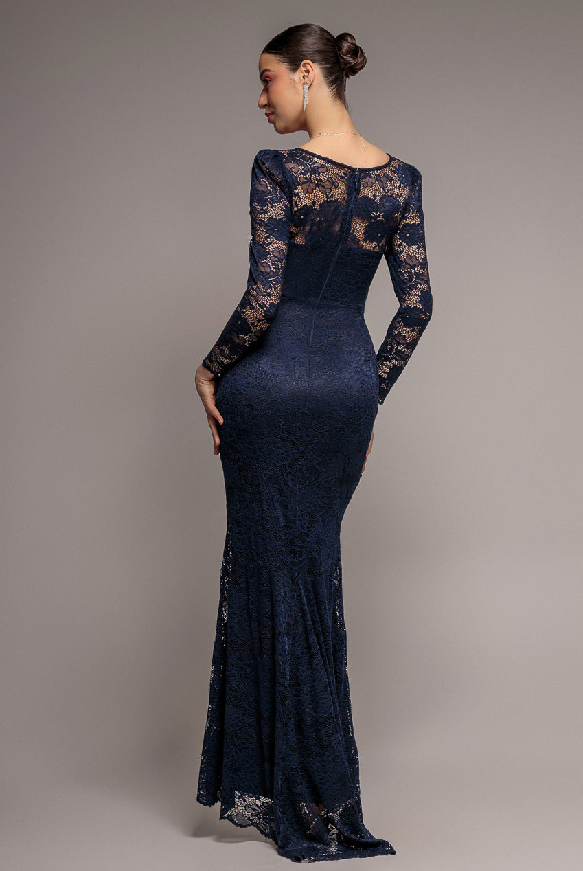 Fit & Flare Scallop Lace V Neck Maxi Dress - Navy Blue DR4994
