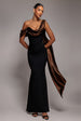 Foil Chiffon Cowl One Shoulder Cape Maxi Dress - Black Bronze by Goddiva