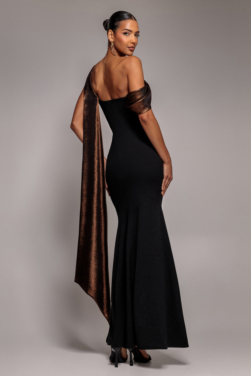 Foil Chiffon Cowl One Shoulder Cape Maxi Dress - Black Bronze DR4998