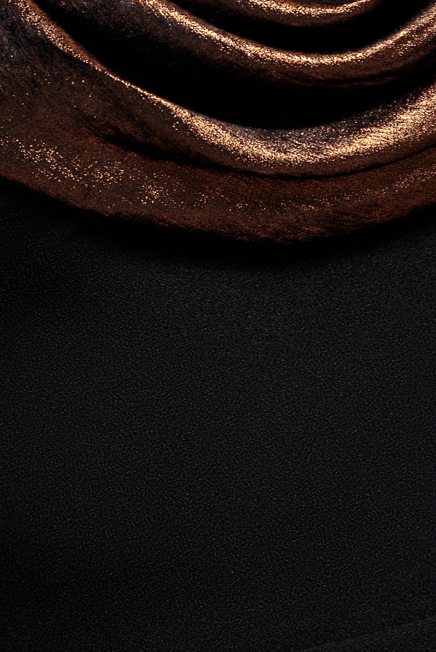 Foil Chiffon Cowl One Shoulder Cape Maxi Dress - Black Bronze DR4998