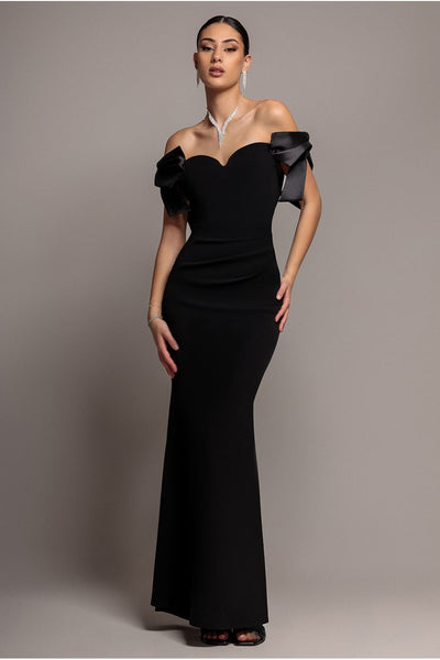 Satin Bow Bardot Sheath Maxi Dress - Black by Goddiva