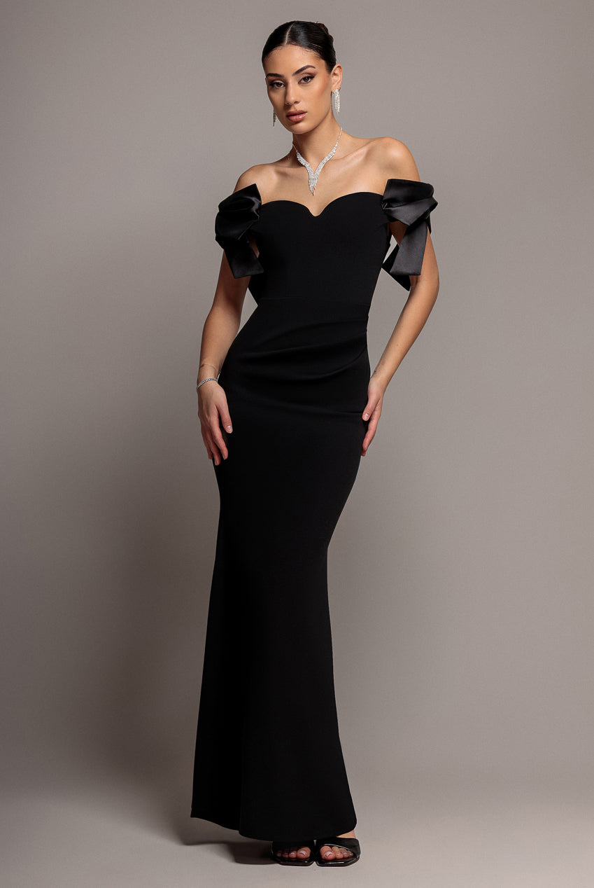Satin Bow Bardot Sheath Maxi Dress - Black DR4999