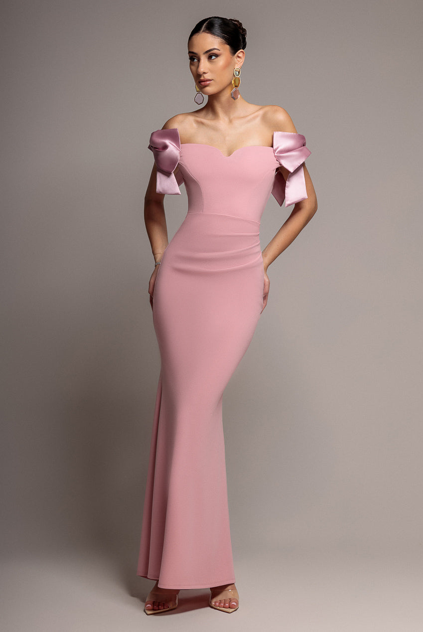 Satin Bow Bardot Sheath Maxi Dress - Blush Pink DR4999