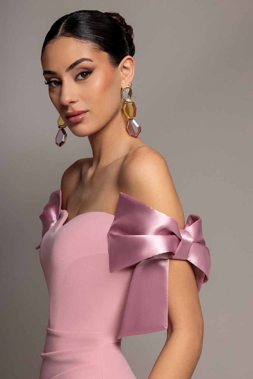 Satin Bow Bardot Sheath Maxi Dress - Blush Pink DR4999