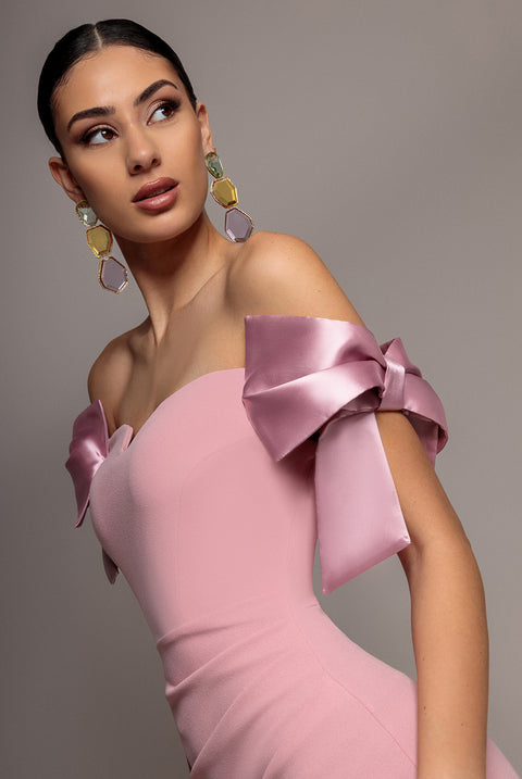 Satin Bow Bardot Sheath Maxi Dress - Blush Pink by Goddiva