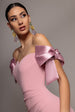 Satin Bow Bardot Sheath Maxi Dress - Blush Pink by Goddiva