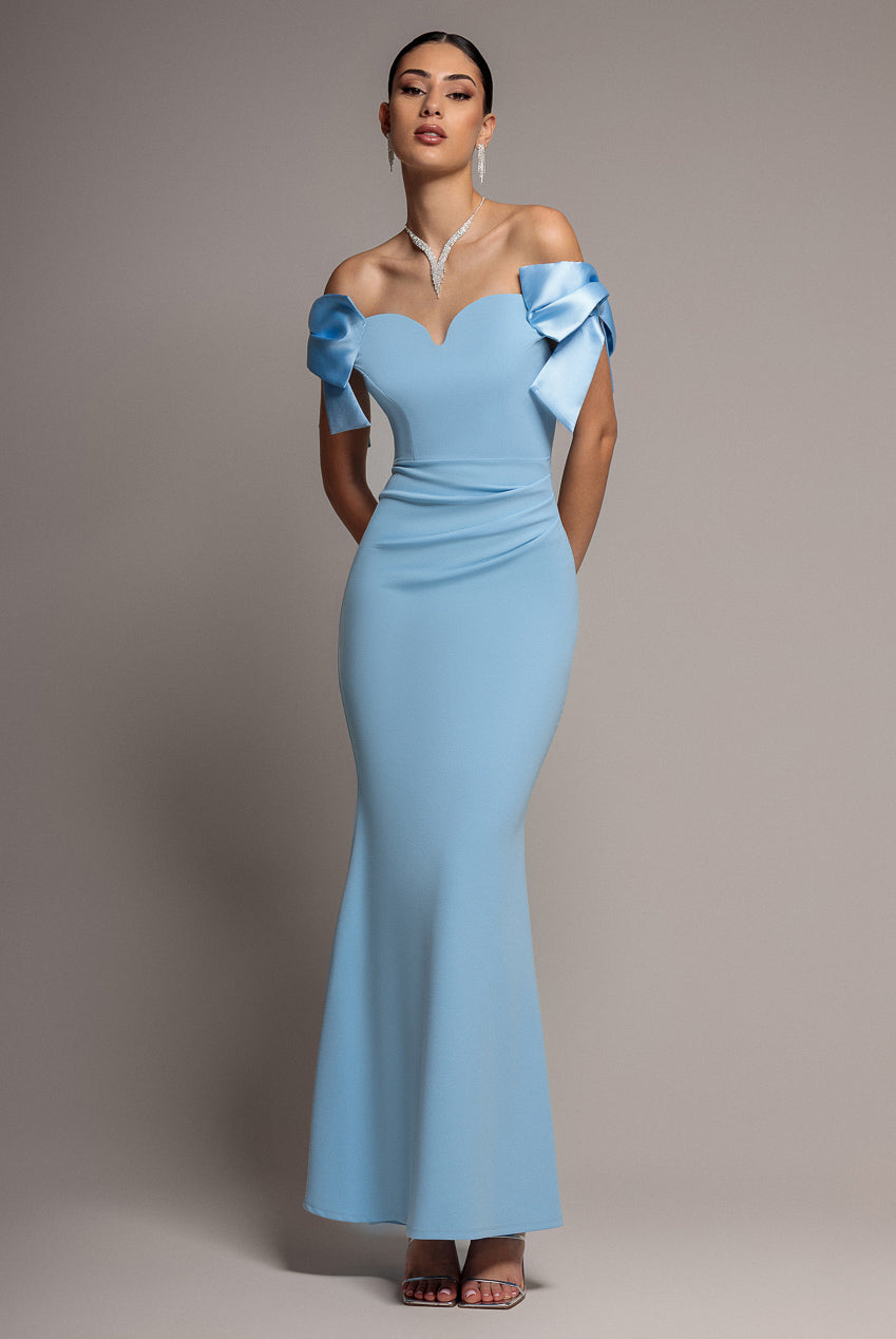 Satin Bow Bardot Sheath Maxi Dress - Ice Blue DR4999