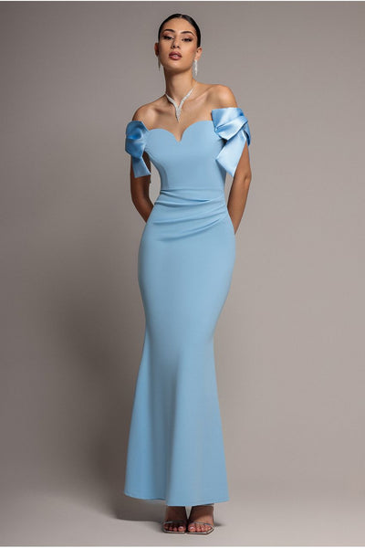 Satin Bow Bardot Sheath Maxi Dress - Ice Blue by Goddiva