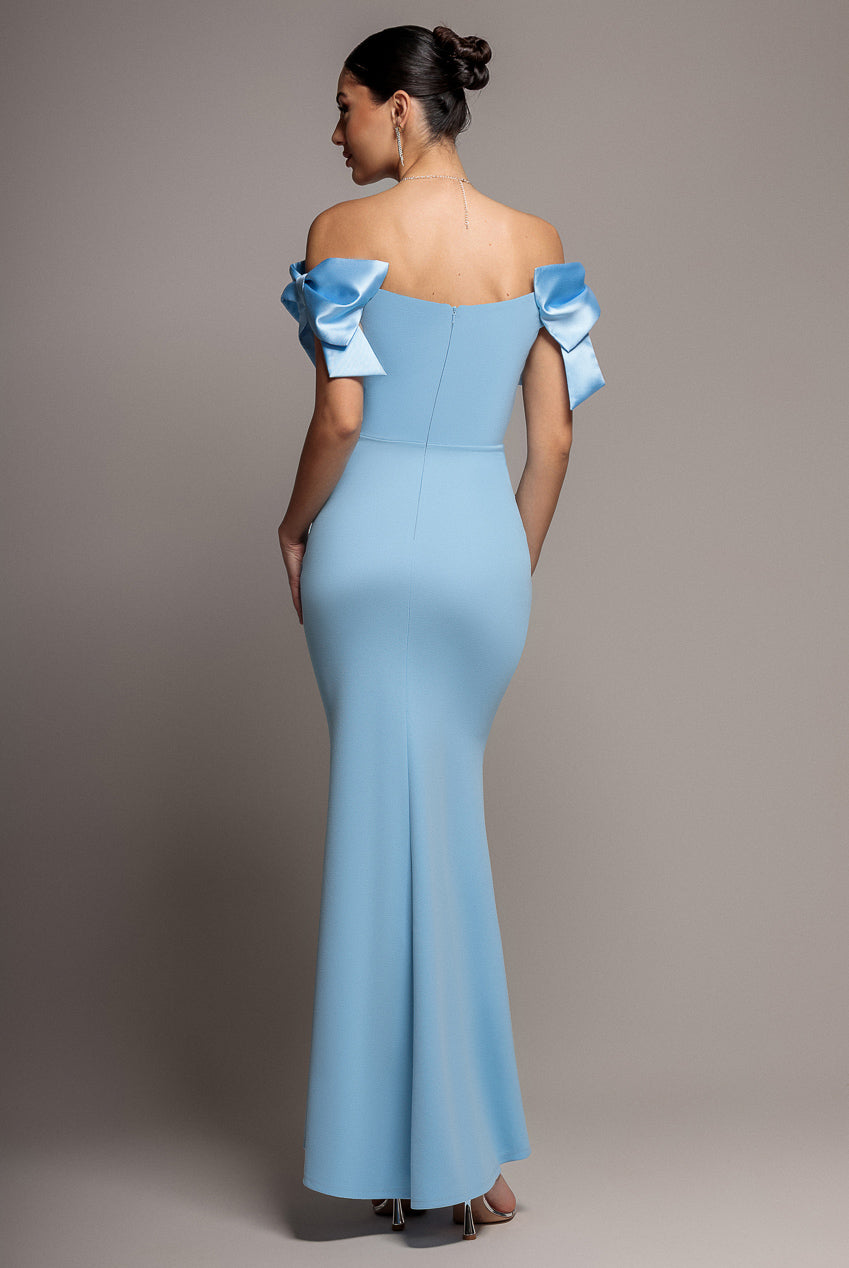Satin Bow Bardot Sheath Maxi Dress - Ice Blue DR4999