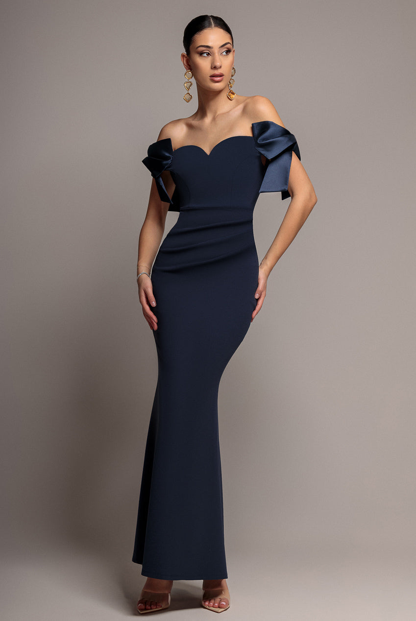 Satin Bow Bardot Sheath Maxi Dress - Navy Blue DR4999