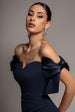 Satin Bow Bardot Sheath Maxi Dress - Navy Blue by Goddiva