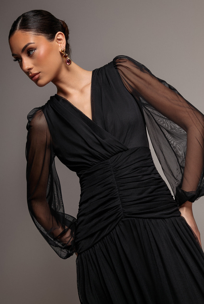 Gathered Long Balloon Sleeve A-Line Mesh Maxi Dress - Black DR5003