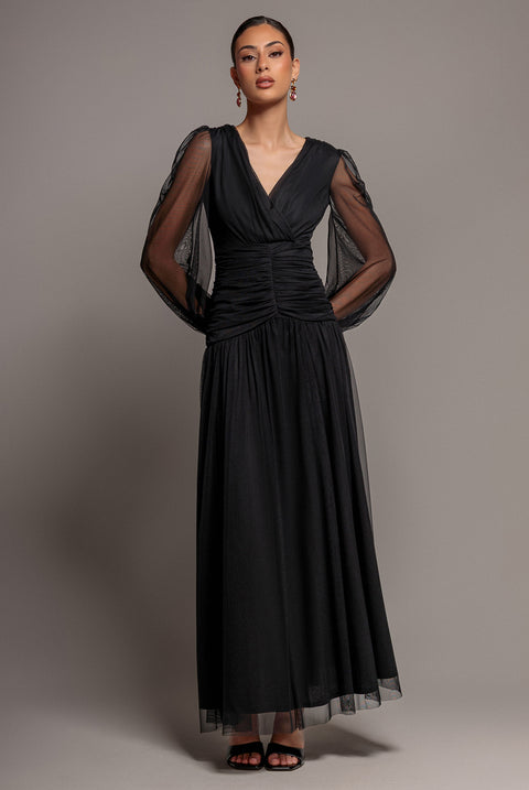 Gathered Long Balloon Sleeve A-Line Mesh Maxi Dress - Black by Goddiva