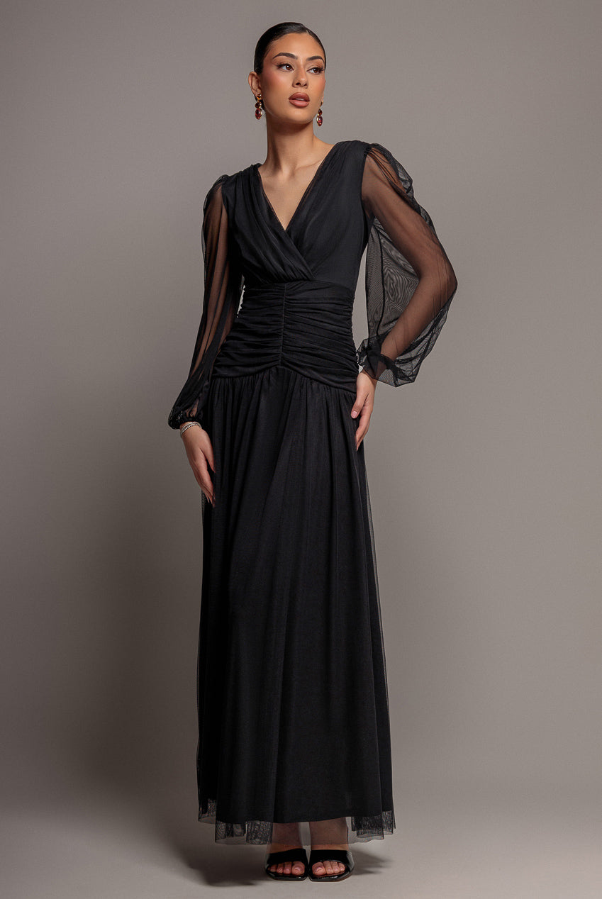 Gathered Long Balloon Sleeve A-Line Mesh Maxi Dress - Black DR5003
